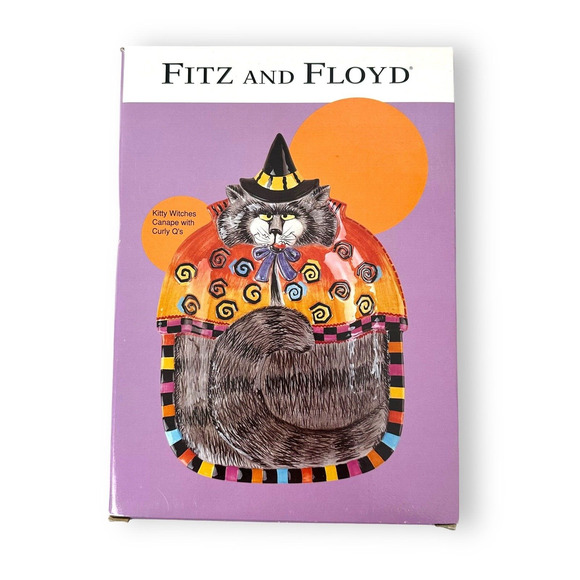 Fitz & Floyd Ceramic Canape Tray Kitty Witches Curly Qs Cat Plate Halloween New - Picture 9 of 14